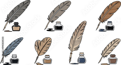 Vintage Feather Quill Pens with Ink Bottles for Writing and Calligraphy Illustration