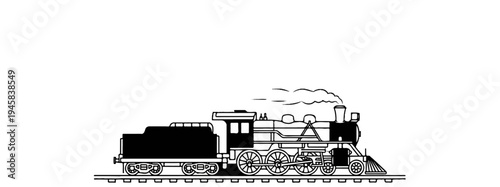 Black and white illustration of a steam locomotive with smoke
