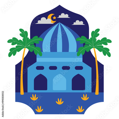 Ramadan Night Mosque Illustration with Crescent Moon and Palm Trees