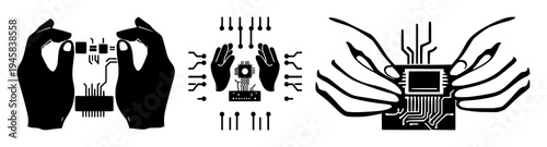 Hands set with minimalist pictogram design featuring technology, assembly, circuit with electronics and engineering