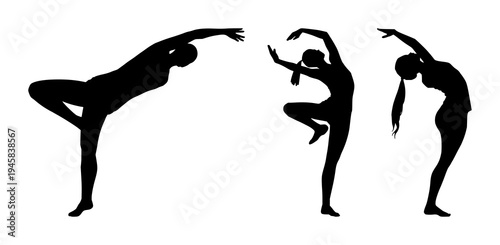 Yoga dancer set with solid black silhouette on white background featuring flexibility, balance, postures with silhouette and background