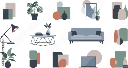 Collection of abstract interior design elements and furniture pieces