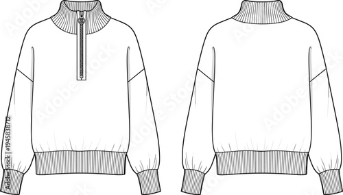 Women Half Zip Sweatshirt Technical Sketch With Ribbed High Collar Drop Shoulder Ribbed Hem And Cuffs CAD Drawing Flat Vector Illustration