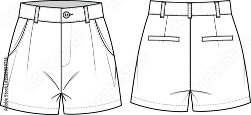 Women Pleated Shorts Technical Sketch With Button Closure Side Pockets Back Welt Pockets And Waistband CAD Drawing Flat Vector Illustration