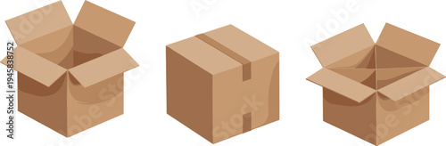 Cardboard boxes set open and closed packaging carton shipping delivery storage container vector illustration isolated moving package design collection