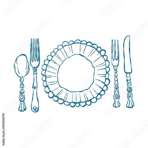 Vintage dinnerware set. Coastal table setting. Pearl decor. Top view of a plate, spoon, forks, and knife on the table. Hand-drawn vector outline illustration in blue.