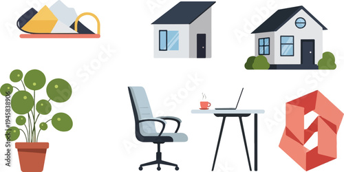 Collection of graphic elements including houses, plant, office, and abstract shape