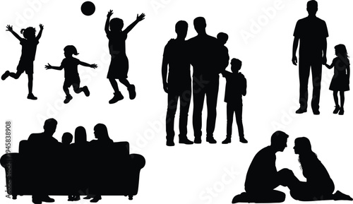Family silhouette collection, parents children bonding play support flat vector