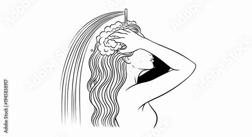 Line art illustration of a woman showering with long wavy hair and soap bubbles