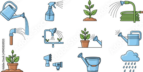 Set of garden watering equipment icons featuring watering cans spray bottles garden hoses and irrigation sprinklers in colorful cartoon style for plant care design.