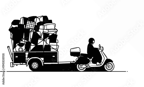 Scooter pulls overloaded trailer packed high with boxes and bags