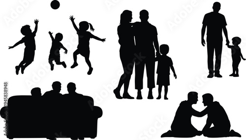 Family silhouette collection, parents children bonding play care flat vector