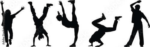Set of breakdance dancer silhouettes performing hip hop dance moves, acrobatic street dance poses isolated vector collection for urban culture, music and sport design