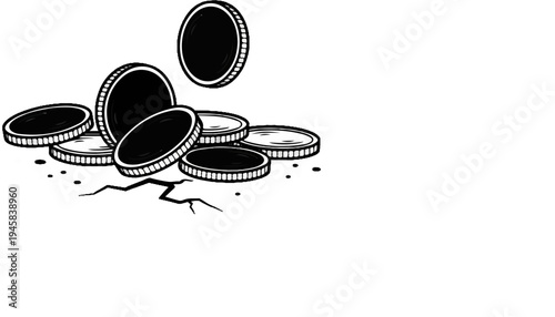 Scattered dark coins teeter on a cracked surface, a few coins in mid-air