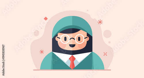 Cheerful cartoon woman with glasses and teal outfit on pink background