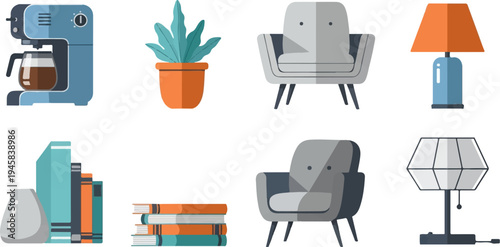 Modern household items coffee maker, potted plant, chairs, lamps, and books