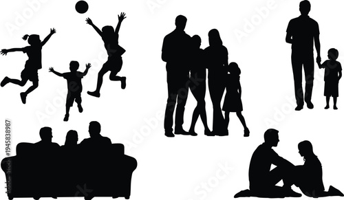 Family silhouette collection, parents children bonding play care together vector
