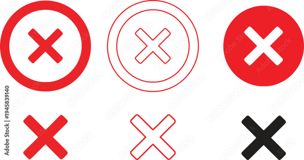 Obraz premium Icon variations of a red x symbol for error and prohibition