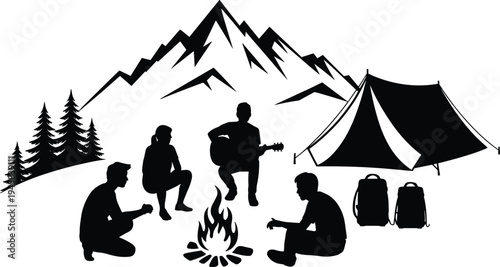 Camping silhouette scene, people campfire guitar tent outdoor nature vector