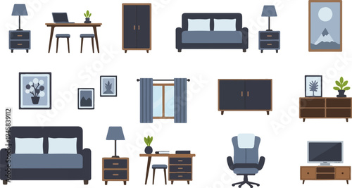 Pixel art collection of furniture and home decor items