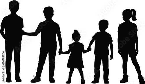 Set of children silhouettes holding hands and standing in different poses, boys and girls friendship and childhood concept vector collection isolated on white