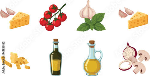 Set of Italian cuisine ingredient icons featuring pasta cherry tomatoes olive oil cheese garlic and basil in colorful flat cartoon style for cooking design.