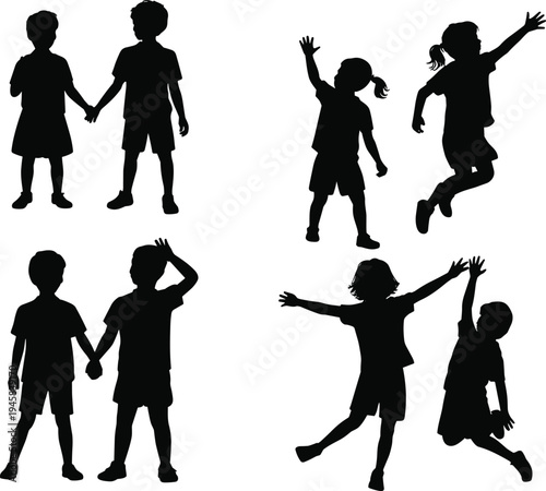 Set of children silhouettes holding hands, jumping and playing in joyful poses, boys and girls friendship and childhood activity vector collection isolated on white