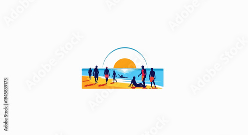 Stylized beach scene with sunset and people enjoying the water
