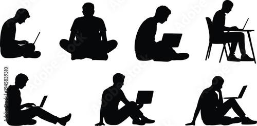 Laptop silhouette posture collection, people working studying seated positions flat vector