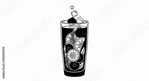 Tall glass with dark liquid, citrus slices, herbs, and ice cubes