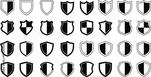 Shield icon set for security and protection, black and white heraldic guard symbols, safety defense insurance badge, flat vector illustration.