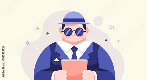 Flat illustration of a man in a hat and sunglasses, holding a tablet