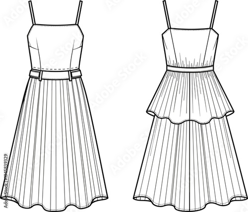 Women Sleeveless Pleated Midi Dress Technical Sketch with Belted Waist and Layered Tiered Back Detail CAD Drawing Flat Vector Illustration