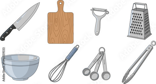 Set of kitchen cooking utensil icons featuring chef knife wooden cutting board vegetable peeler grater whisk and mixing bowl in colorful cartoon style.