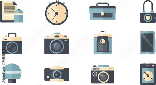 Collection of vintage cameras, a stopwatch, a briefcase, and a smartphone