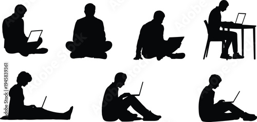 Laptop silhouette collection, people working studying seated positions flat vector