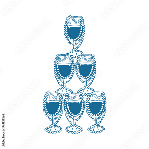 An elegant hand-drawn tower of pearl-studded glasses in a whimsical style. Isolated vector blue outline illustration. Festive alcoholic drinks