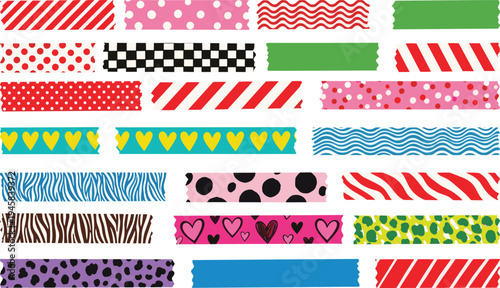 Washi tape set with colorful patterns, decorative adhesive paper strips for scrapbooking, craft masking tape collection, polka dots and stripes, vector.
