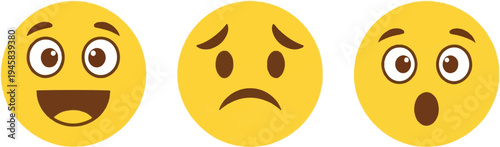 Three yellow circular faces showing different emotions happy, sad, and surprised