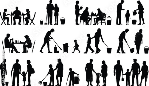 Family silhouette activity collection, parents children daily routines bonding flat vector