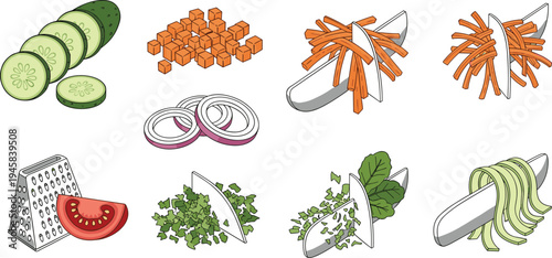 Set of kitchen icons showing food preparation techniques featuring sliced cucumber diced carrots chopped herbs and julienned vegetables in colorful cartoon style.