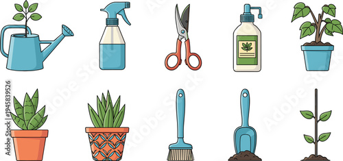 Set of houseplant care icons featuring watering can spray bottle pruning shears and potted plants in colorful cartoon style for indoor gardening design.