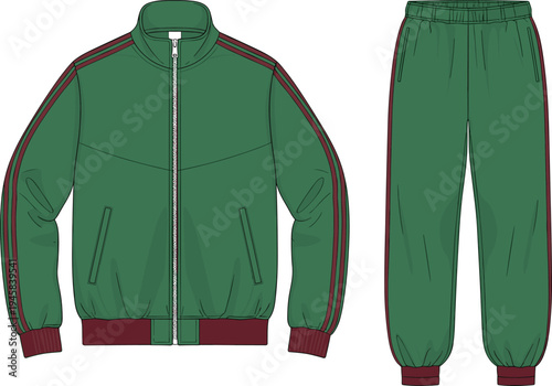 Green and maroon tracksuit set cad drawing flat vector illustration, zip up jacket and joggers with side stripes, technical fashion sketch