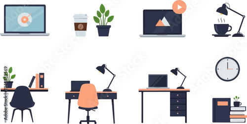 Flat icons of desk setups with laptops, plants, coffee, and lamps