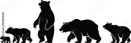 Black, bear, silhouettes, set, grizzly, polar, wild, animal, family, cad, drawing, flat, vector, illustration, for, nature, wildlife, park, conservation, icons