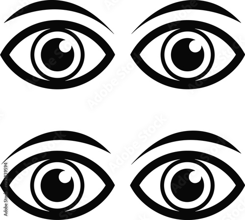 Black human eye silhouette icons set, vector eyesight symbols with eyebrows, vision health concept, isolated on white background, flat design.