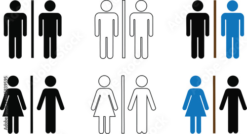 Icon variations of male and female symbols for restrooms and toilets