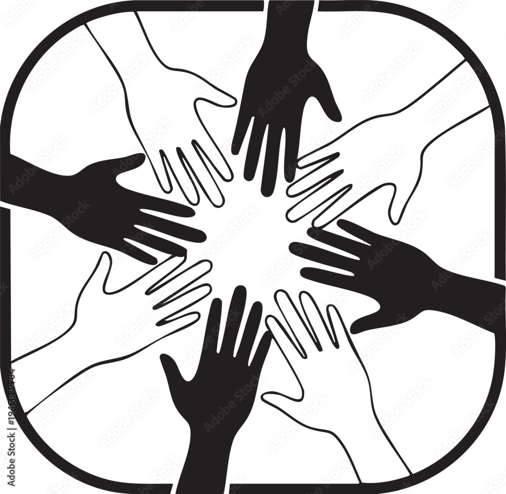 Fototapeta premium Set of 8 diverse hands joining together vector