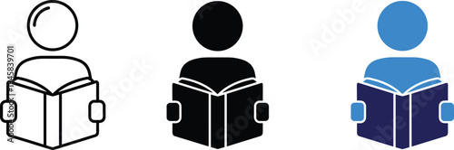 Student reading book icon set, person studying education library symbols, learning knowledge literature literacy, flat vector line and glyph illustrations.
