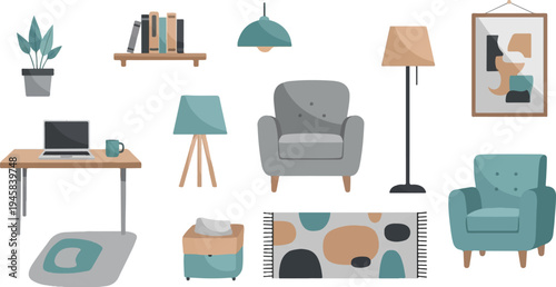 Cozy interior scene with furniture, desk, and artwork